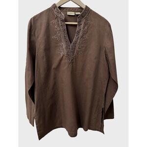 RuffHewn Tunic Top Large Brown Cotton Embroidered Sequin V-Neck Long‎ Sleeve